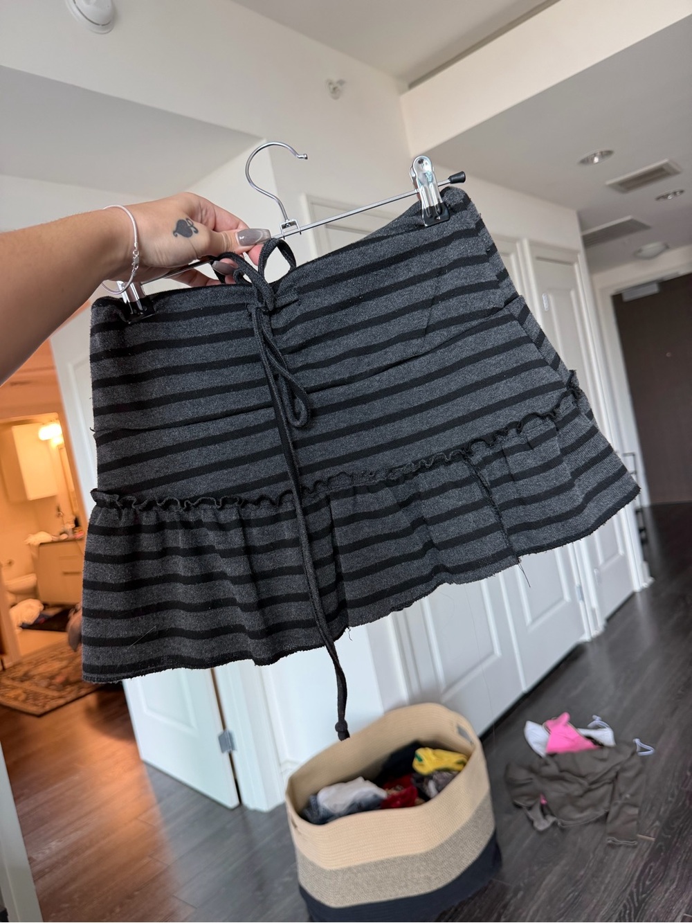 Women’s Black & Charcoal Striped Ruffle Hem Mini Skirt